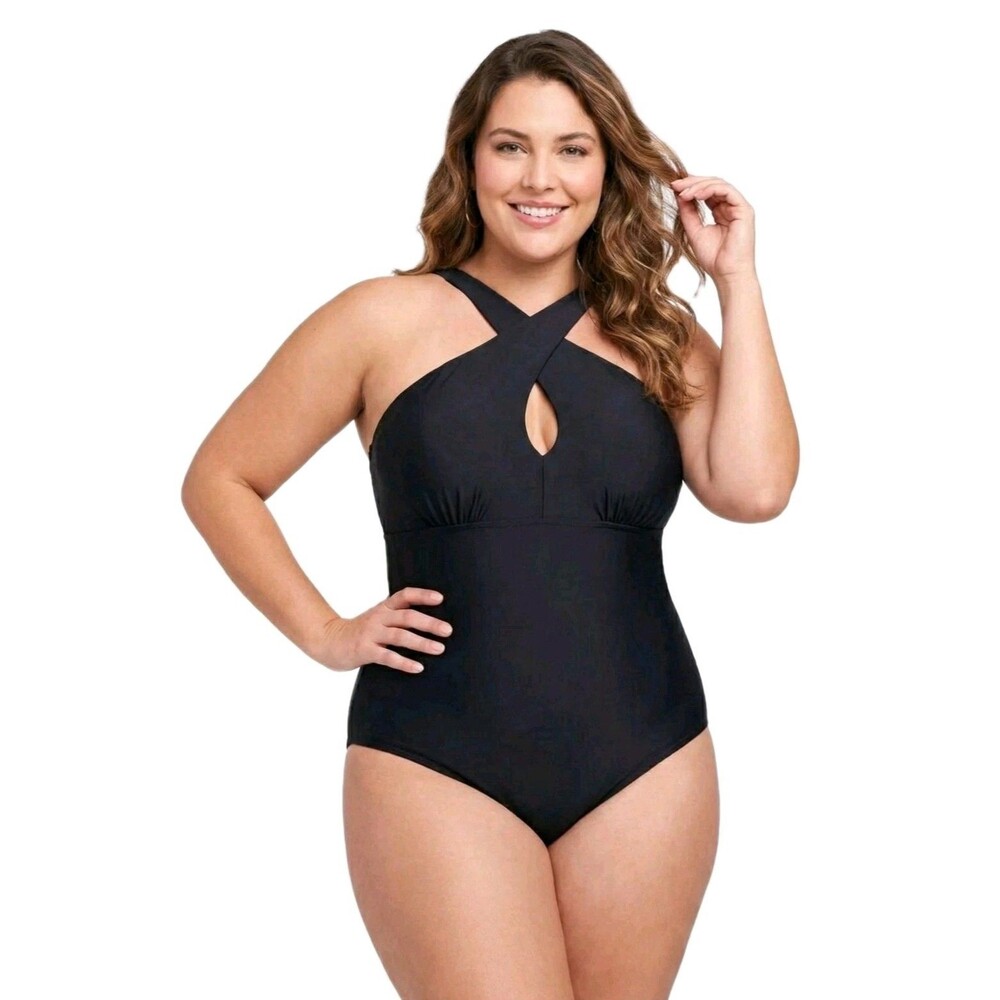 LYSA Women's 1X Kylie Halter One-Piece Keyhole Swimsuit Tummy Smoothing 18W/20W